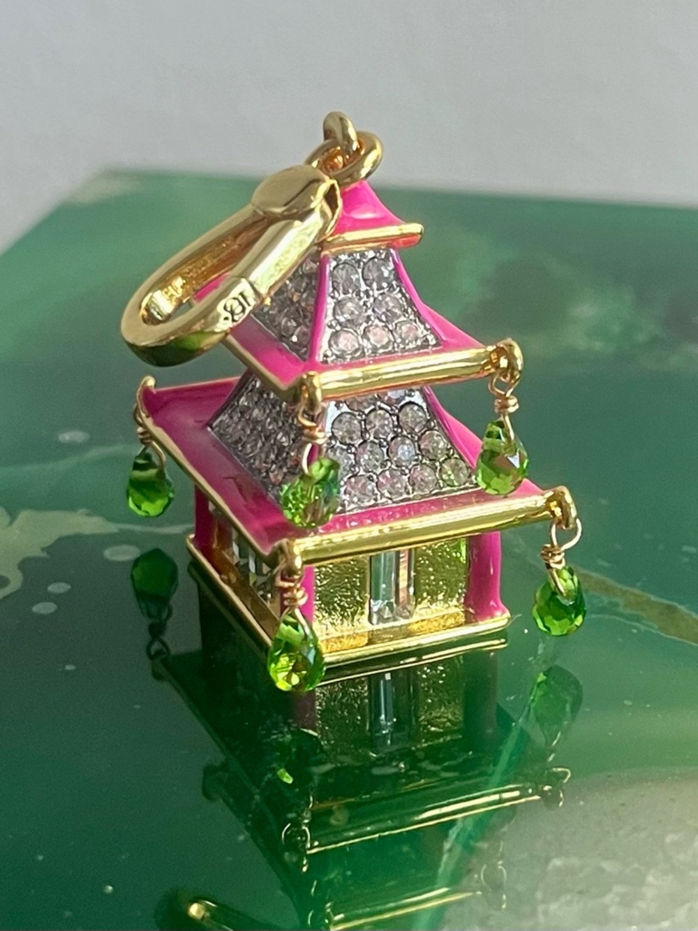 RARE Juicy Couture Pink Asian Pagoda Charm/Pendant w Green Crystal Drops - Picture 6 of 16